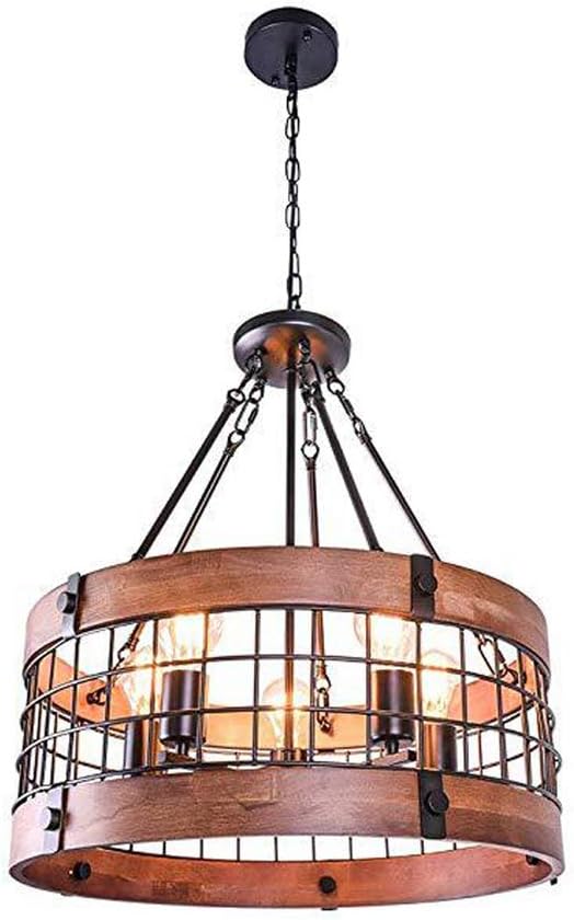 OYI Vintage Industrial Kitchen Island Light, 5 Lights Retro Wooden Chandeliers Light Fixture Circular Wood Frame Metal Cage Hanging Pendant Ceiling Li
