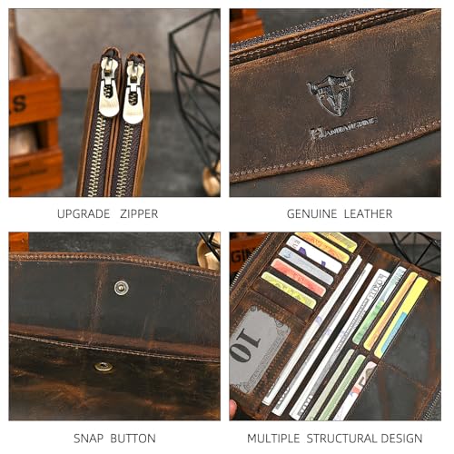 Image of Genuine Crazy Horse Leather Travel Gift Coin Pocket Card Case Long Organizer Chain Rfid Wallet Purse With Snap For Men Male 1803 1815 (6032 brown)