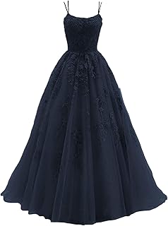Chicbridal Spaghetti Straps Prom Dresses Long Tulle Lace Appliques Ball Gowns for Women