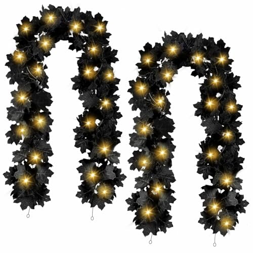 Joyhalo 2 Pack Halloween Garland with Lights, Black Maple Leaves