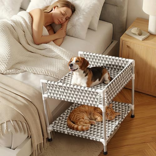 Kuntrust Bedside Dog Bed for 2 Pets Bedside Cosleeper Dog Bed with 3-Sided guardrail Breathable Cotton Elevated Dog Bed for Small Dogs and Cats S