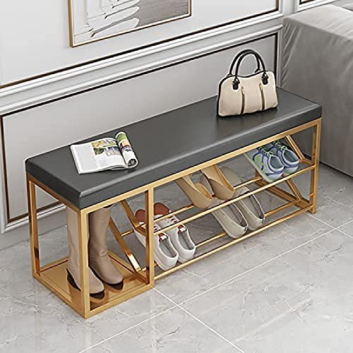 Banc tapissé en cuir gris avec meuble de rangement pour chaussures - 2