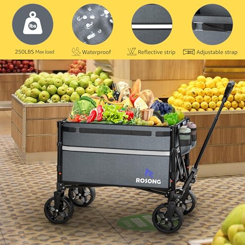 Image of ROSONG Collapsible Wagon Cart with Wheels Foldable - Folding Utility Heavy Duty Wagons Carts for Grocery Sports Garden Shopping Camping Grey