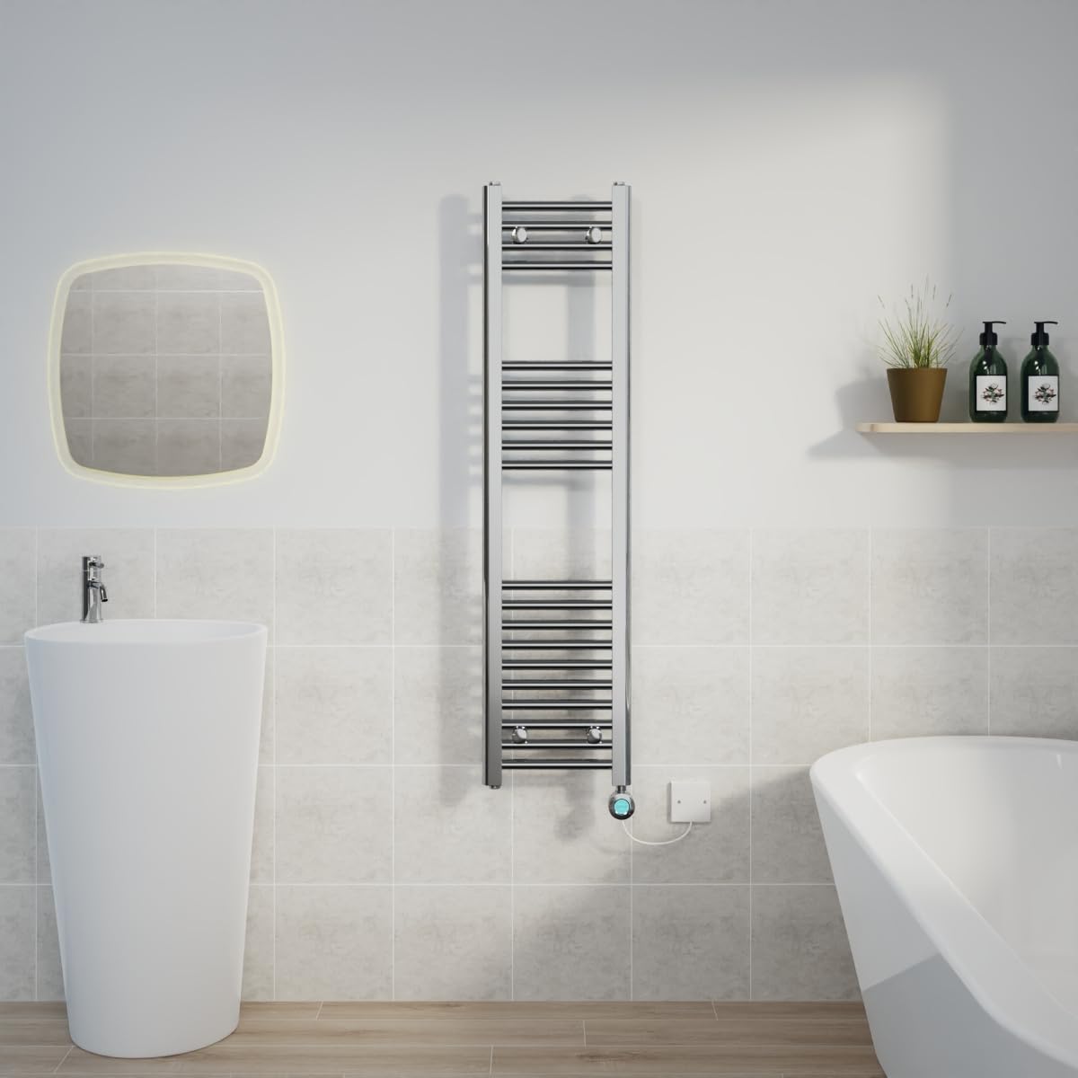 Warmehaus Prefilled Electric Thermostatic Heated Towel Rail Bathroom Ladder Radiator Straight with 600W LCD Display Timer Electric Heating Element Chrome 1200x300mm
