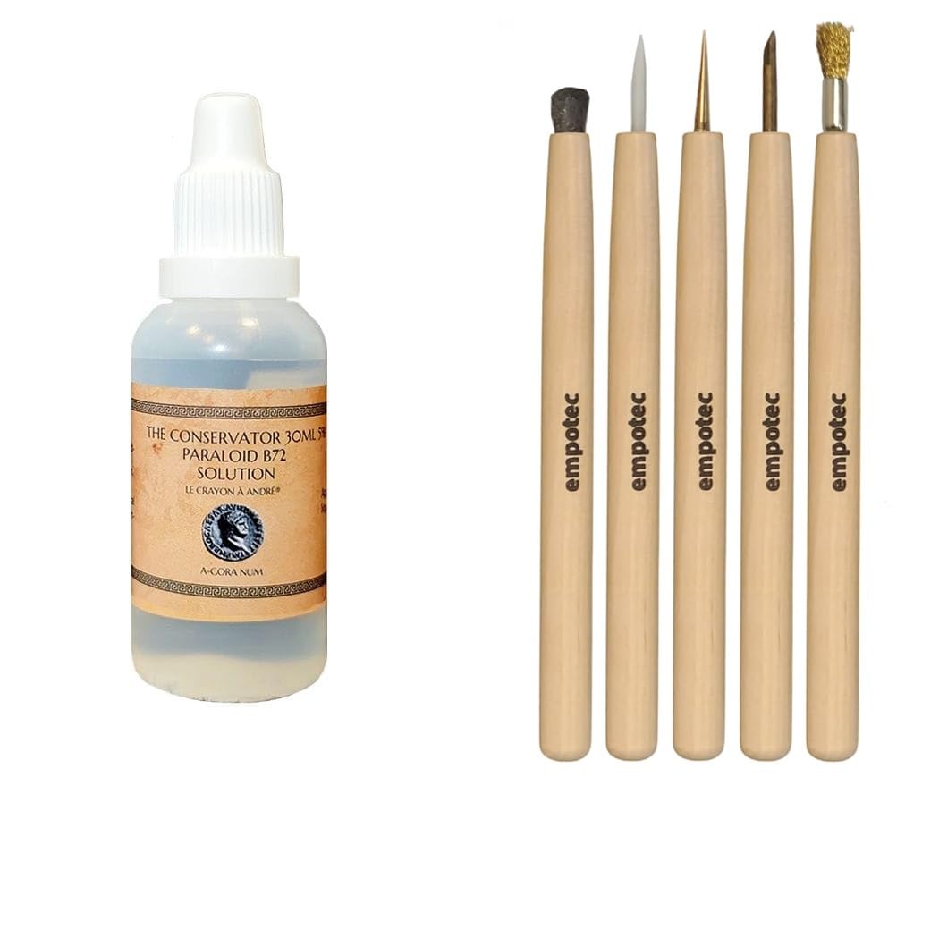 Set Kit 5 Matite Attrezzi Strumenti Pulizia Monete e Liquido Paraloid B72 Metal Detector (2, Liquido)