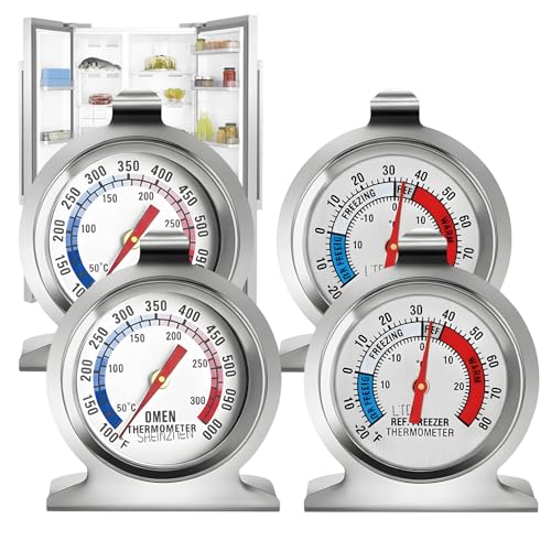 4 Pack Stainless Steel Fridge Freezer Thermometer UK, Large Dial Thermometer with Hanging Hook & Stand for Refrigerator and Freezer, Dual-Scale Temperature Monitor for Food Safety