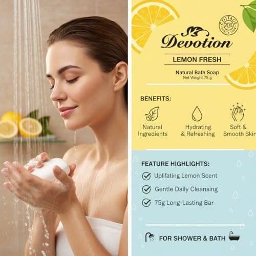 Image of Devotion LEMON FRESH Natural Bath Soap - Pack of 6 (75g Each) | Refreshing Citrus Scent | Moisturizing & Gentle on Skin