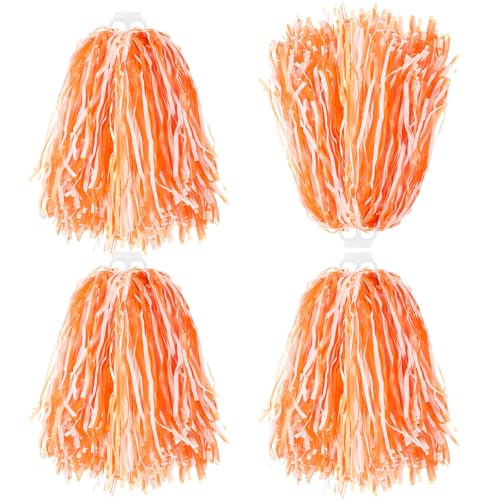 Thenshop 4 Pack Cheerleading Pom Poms Cheerleader Squad Spirited Fun Pompoms Cheer Hand Flowers Metallic Foil Pompoms for Adults Sports Meeting Team Spirit Cheering Party(Orange and White)
