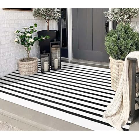 Black and White Outdoor Rug 3'x 5' Front Porch Rug Cotton Hand-Woven Striped Rug Machine Washable Indoor/Outdoor Rug Front Door Floor Mat for Farmhouse/Porch/Living Room/Entryway/Laundry Room Cover
