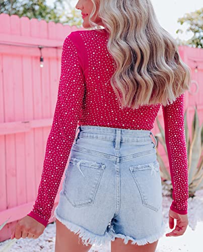 Hotmiss Seamless Long Sleeve Thong Bodysuit for Women Rhinestone Studded Fishnet Tops Thong Shirt2