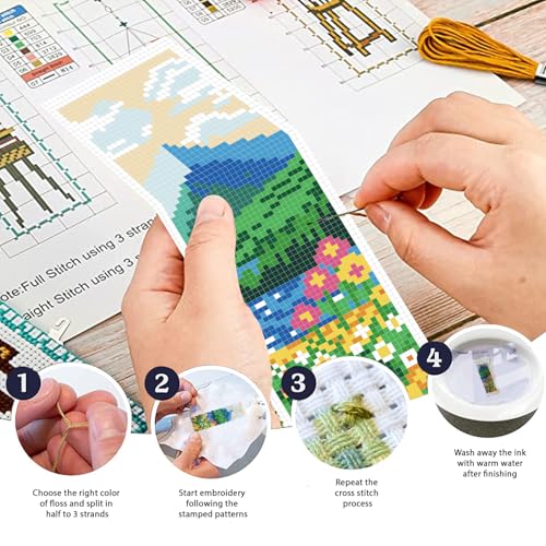 Image of FREEBLOSS 6 Set Cross Stitch Bookmarks Kit Mountains&Rivers Stamped Cross Stitch Kit DIY Embroidery Bookmark Set with Instruction for Adults Beginners Gift for Reading Enthusiasts 8 * 2.4inch 11CT