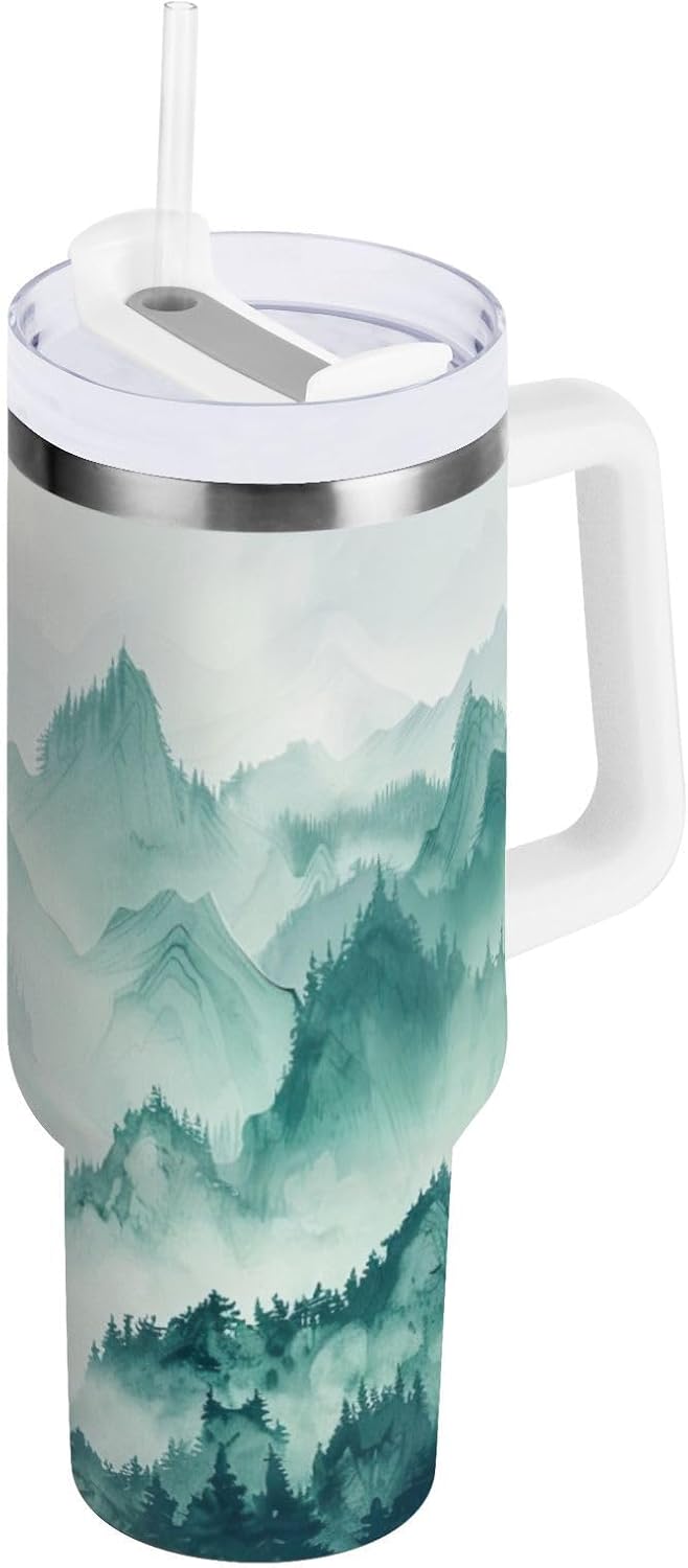 Nander 40oz Smoky Green Mountains Tumbler with Handle and Straw Lid,Insulated Coffee Cup Reusable Stainless Steel Water Bottle Travel Mug Cupholder,Keeps Cold or Hot
