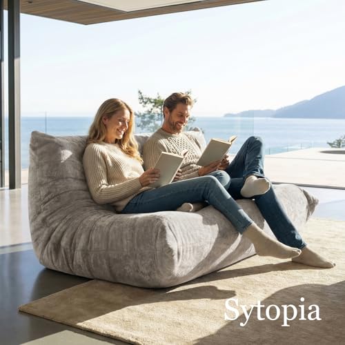 Image of Sytopia Loveseat Chenille Bean Bag Chair for Adults, Oversized 40D Memory Foam Floor Sofa, Giant Deep Seat Gaming Reading Nook, No Assembly Required, Urban Grey