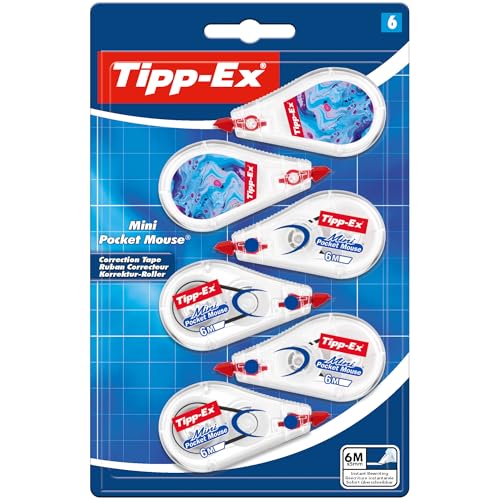 Tipp-Ex Cinta Correctora Mini Pocket Mouse – Óptimo para Material Escolar - 6 m x 5 mm, Pack de 6, Color Blanco