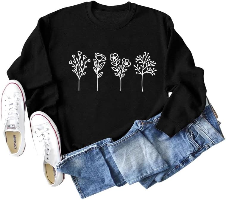 JBF Cloth Flower Sweatshirt Womens 80s Vintage Minimalistic Floral Printed Long Sleeves Sweatshirt Pullovers Tops - Image 4