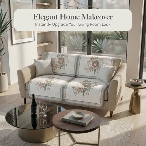 Image of Kuber Industries 2+1 Seater Sofa Cover | Slipcover for Living Room | Thick & Cozy | Non-Slip Comfort Sofa Cover Set | Paradise 1137 Number - Olive Green