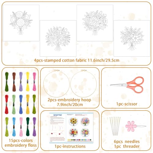 Image of BEUNITONE 4pcs Embroidery Kit, Flower Stamped Embroidery Kits with Hoop, Thread & Needles, Colorful Bouquet Cross Stitch Kits Sewing Gifts for Adults and Beginners, DIY Craft for Relaxation