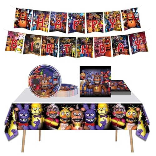5 Nights Birthday Supplies Freddys Party Decorations include Banner Tablecloth Plates and Napkins for Teens Kids Adults Party Decor