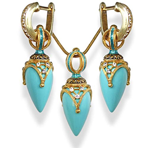 925 Sterling Silver Jewelry Set of Teardrop Turquoise Pendant and Earrings Swarovski Crystals Enamel Gold Plate Silver Hoops with Cubic Zirconia 24-inch Chain