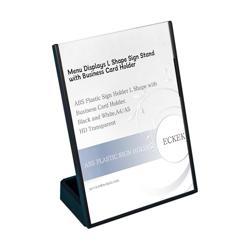 ECKEK ABS Plastic Sign Holder, Menu Displays L Shape Sign Stand with Business Card Holder, Plastic Display Stand for Ads, Menu, Photos, Business Card (Black A4 210×297mm/8.27×11.69 inches)