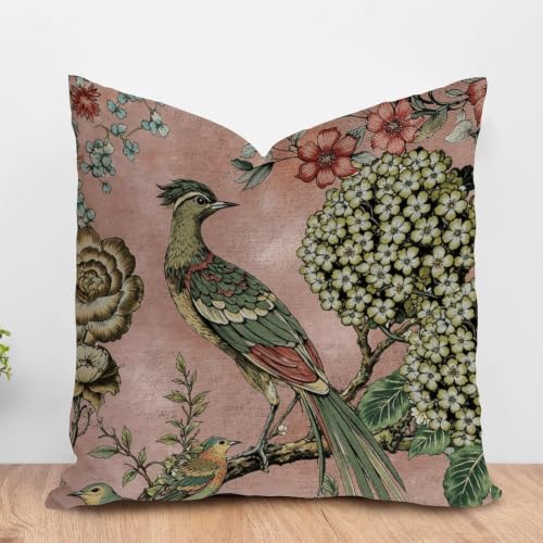 ArogGeld Chinoiserie Throw Pillow Cushion Pink Blush Chinoiserie Bird Pillow Cover Hydrangea Camellia and Peacock Pillow Sham Farmhouse Decor for Bedroom Sofa Couch 20x20in White Flax