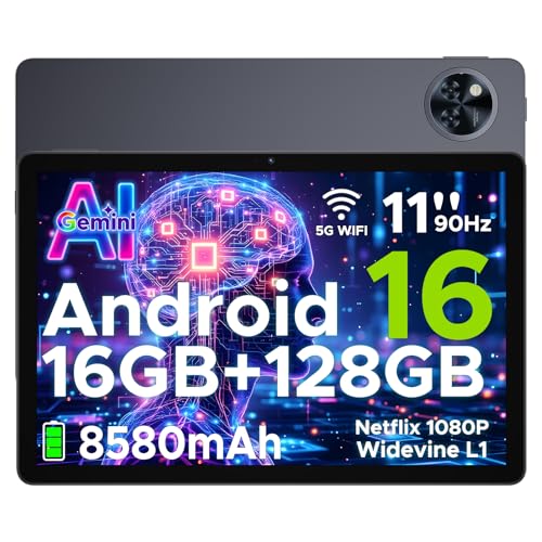 U11 Android 16 Tablet 11 Pollici Gemini AI 16GB RAM +128GB ROM (2TB TF) 8580mAh Gaming Tablet Unisoc T7200 Octa-Core 13MP+5MP Tablets PC WIFI 5/ GMS/ WidevineL1/ 3.5mm Audio/GPS/Face ID/OTG,Grigio