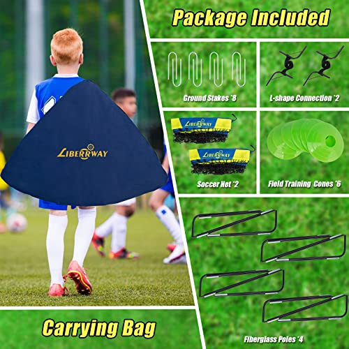 LIBERRWAY Soccer Goal 4\'x 3\' Portable Kids Soccer Goals for Backyard or Indoor Pop Up Soccer Net with 6 Training Cones, Carrying Bag, 8 Ground Stakes, 2 Set - Thumbnail 7