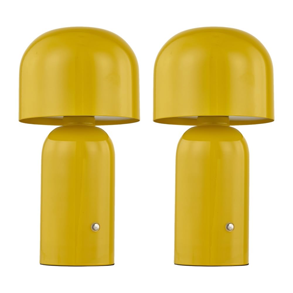 Firstchoicelighting Yellow Set Of 2 Led Rechargeable Portable Touch Table Lamps, Wireless Bedside Lights, Usb Charging Cable Included, Height 25Cm