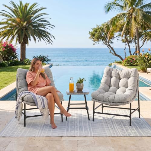 Image of OUTLIVING Fluffo Outdoor Two Seater Braid & Rope Conversation Set | UV & Water Resistant Patio & Garden Furniture Set with 2 Cushioned Chairs & Center Table with Glass Top | Slate Grey