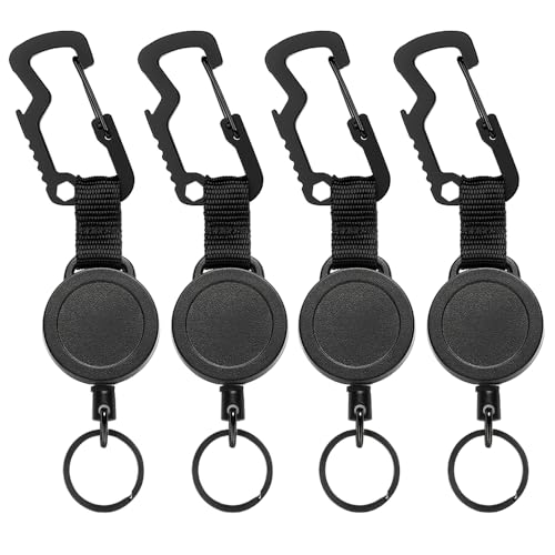 Image of MNGARISTA 4 Pack Retractable Keychain, Multitool Carabiner Badge Holder, Retraction, Heavy Duty Badge Reel, Retractable Key Chain with Steel Cable Key Ring, Black | Built-in Bottle Opener & Hexagon Wrench,Steel Cable,Black,4PK