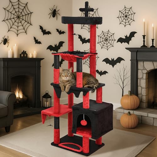 BYBYME Gothic Cat Tree for Halloween, 66in Tall Sturdy Furniture Set with Bed House, Hanging Toy, Scratching Board Sisal-Covered Posts, Multifunctional Cat Play Tower with Hammockï¼ˆBlack Redï¼‰