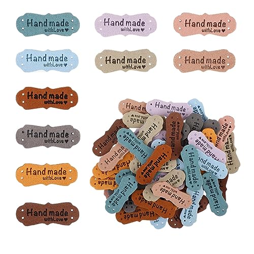 50 Pack Handmade Labels 2.1 × 0.59in Crochet PU Leather Tags Color Handmade with Love Tags, Embossed Tag with Holes Hearts Embellishment for Crafts Knitting Sewing Hats Purses Clothing(10 Colors)