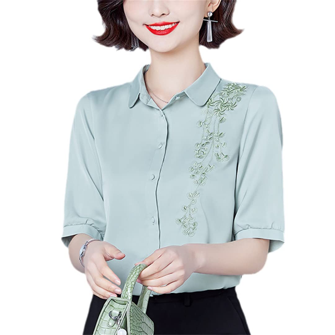 Femmes Broderie Bouton Up Chemise À Manches Courtes Chemises en Satin Floral Col en V Chemisier d'affaires pour Le Bureau De Travail