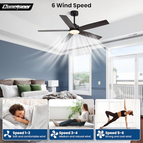 Image of Modern 52 Inch Ceiling Fans with Lights and Remote for Bedroom Living Room Kitchen Home Office Indoor /Outdoor, 18W 3CCT Dual Color 5 Blades 6 Speed Reversible Quiet DC Motor, Black /Wood Grain