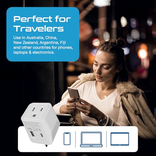 Image of Australia, New Zealand, China Travel Adapter Plug by Ceptics, Dual USB Input - Ultra Compact - USA to Type I - Perfect for Cell Phones, Chargers, Cameras, Tablets, and More (CTU-16)