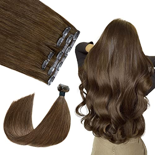 SURNEL Seamless Clip in Hair Extensions PU Clip in Hair Extensions Chocolate Brown 18 inch 4pcs 11Clips 100g Real Human Hair Seamless Hair Extensions(#4-18  )
