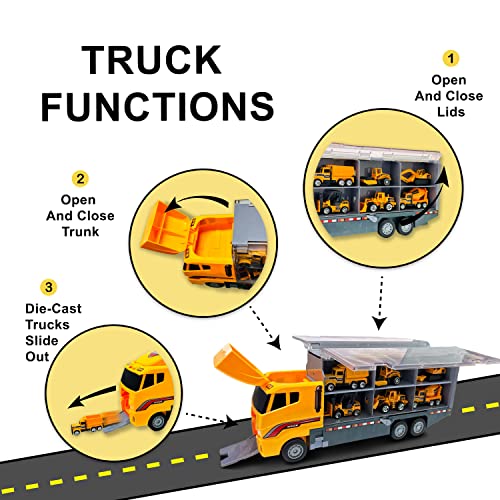 Bambibo Construction Truck Toys For Boys - 7 In 1, Construction Vehicle Toys | Mini, Construction Toys For 3+ Year Old Boys Girls | 14 Inch Car Carrier Truck Toy With Die-Cast Construction Toys #TOP4
