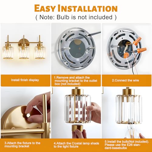 Image of EJIAXIN Bathroom Lighting Fixtures, 3 Light Gold Bathroom Light Fixtures with Clear Shades Modern Crystal Vanity Light Bath Room Vanity Lighting Over Mirror Wall Light