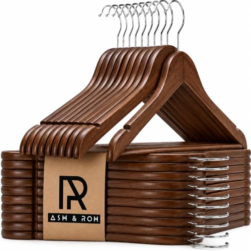 Image of Ash & Roh - Wooden Suit Hangers - Smooth Finish Solid Wood Coat Hanger with Non Slip Pants Bar, 360 Swivel Hook and Precisely Cut Notches Camisole, Jacket, Clothes Hangers (Cherry Hanger, 24)