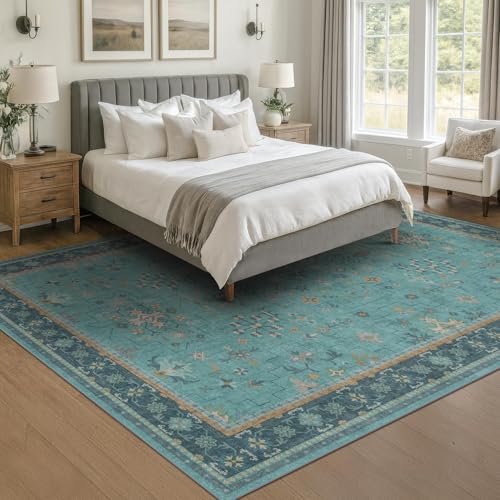 Teal 7x10 Large Rug for Living Room, Washable Soft Area Rugs for Bedroom Under Bed, Dining Room, Floral Pattern Vintage Turquoise Décor Indoor, Non Slip Low Pile & Soft Carpet