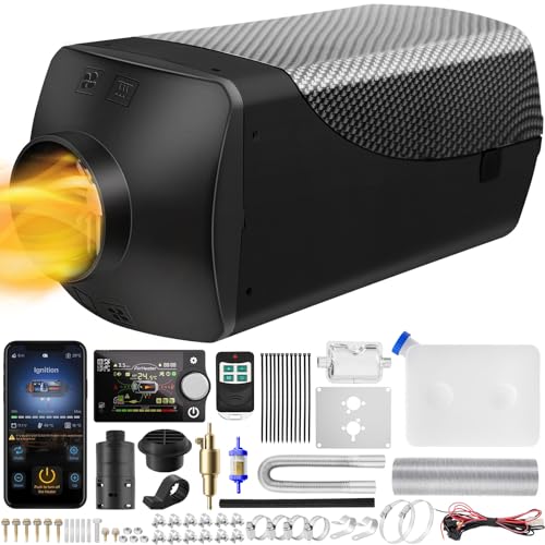 VELPAX Chauffage Diesel 5 KW 12V Tout-en-Un Portable Chauffage à Air Diesel,0,16-0,52 L/h Réchauffeur d'air Diesel 8-36 ℃ Réglable 15-20 m² Contrôle Intelligente Télécommande LCD Bluetooth APP