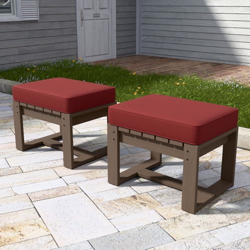 EAGLE PEAK Natural Cedar Outdoor Patio Ottomans with Removable Cushions, Set of 2, Outdoor Real Wood Footrest Contemporary Décor for Deck, Porch, Balcony and Backyard, Brownish/Red