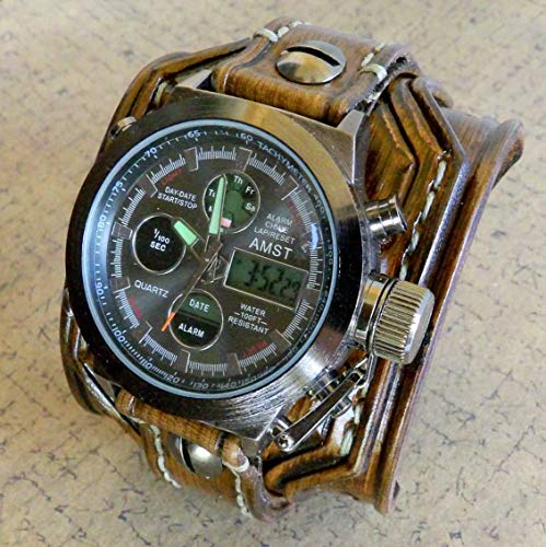 Digital leather watch, Leather Cuff, Wrist Watch, Brown leather watch, Men's Leather Cuff, Bracelet Watch, Wide Watch Cuff,