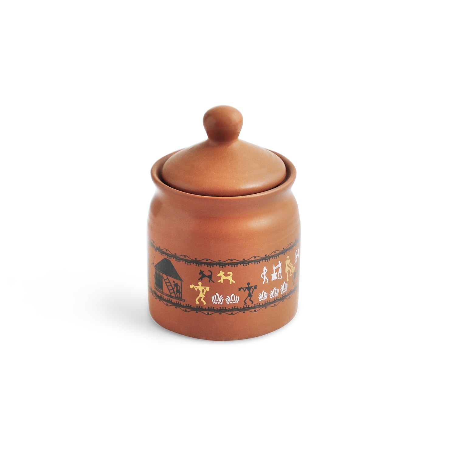 ExclusiveLane Warli Village Tales Lot de 2 bocaux à cornichons en céramique fabriqués à la main avec couvercle pour table de salle à manger, 250 ml, non hermétiques, passent au micro-ondes