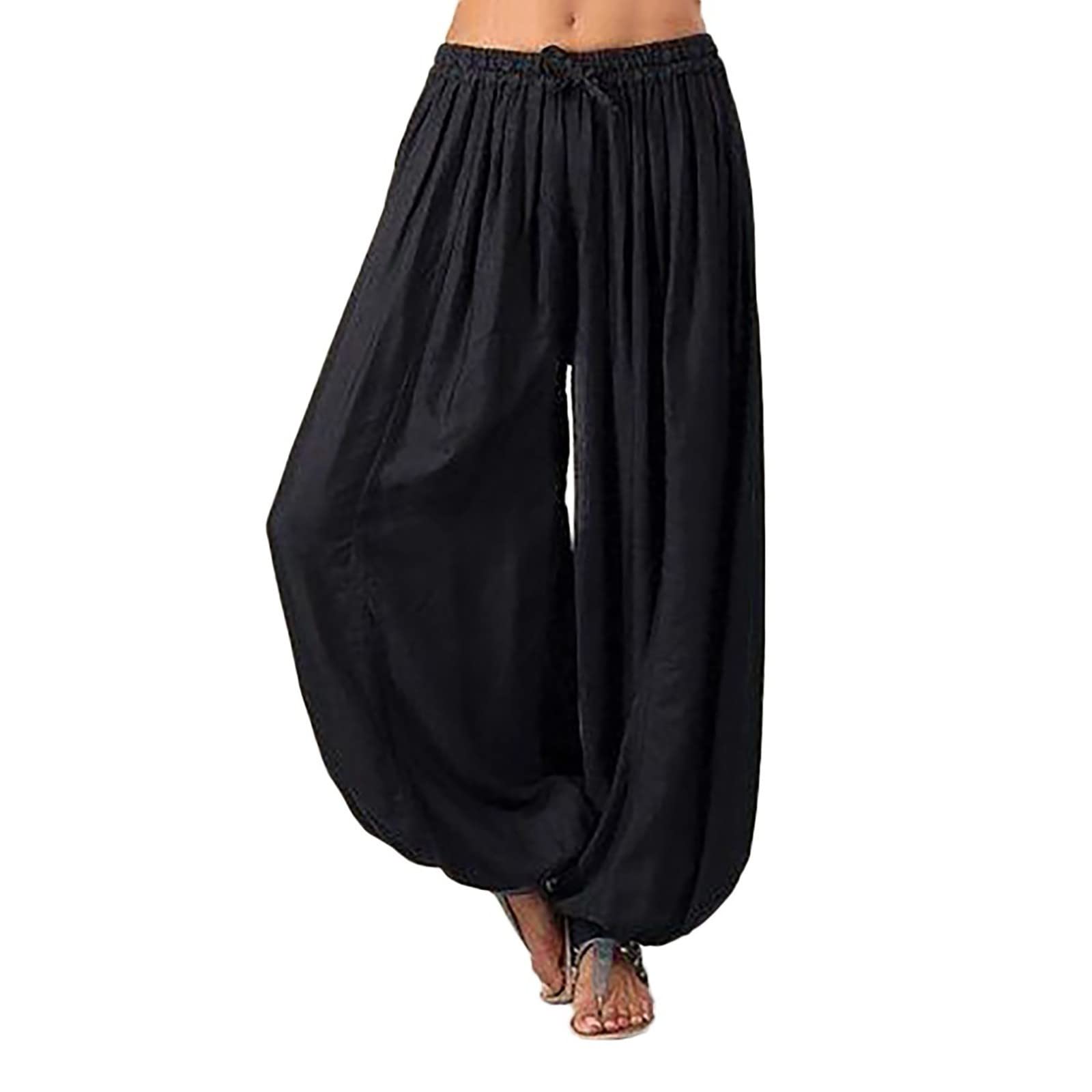 Boho Pants for Women Womens Pleated Wide Leg Palazzo Maxi Pants with Drawstring or Elastic Band