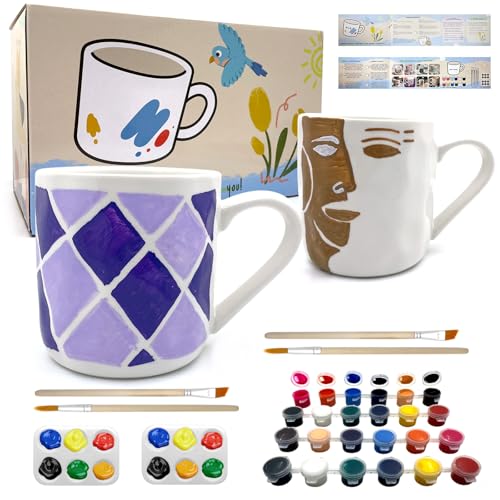 LEOSINYIN Keramik Bemalen Set Tasse Bemalen Set DIY Tassen Malset Kreatives Geschenk für Erwachsene Enthält 2*Tassen 2*Farbwanne 4*Pinsel 2 * 12 Farben und Anleitung