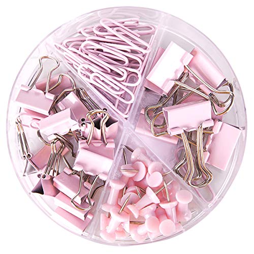 4-Cell Office Binding Set Paper Clips 2 Kinds of Binder Clips Push Pins Sets with Acrylic Box for Office, Home, and School (Pink)