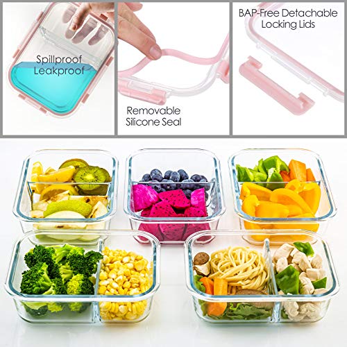C Crest Glass Meal Prep Containers 2 Compartment Set, 5-Pack, 34Oz, Glass Bento Boxes For Adults, Divided Glass Lunch Containers With Lids #TOP2
