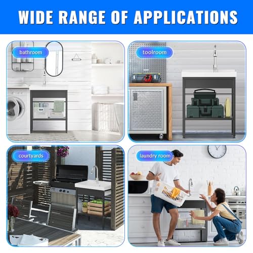 Image of Laundry Room Sink,28 inch x 19 inch x 34.3 inch Ceramic Utility Sink with Washboard Set,Freestanding Sink with Cold and Hot Water Faucet, Hoses and Drain Kit for Laundry Room, Basement, Outdoor and Indoor