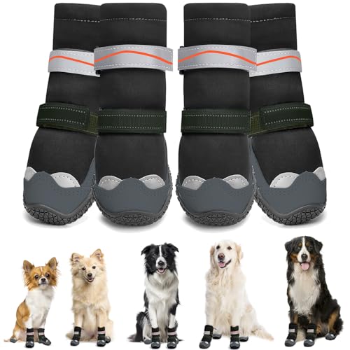Eyein Hundeschuhe Pfotenschutz Winter, Wasserabweisend hohem Design Hundeschuhe mit verstellbarem Gummischnur und reflektierendem Klettverschluss, die vor Salz, Schnee, Sandkörner (Schwarz, Größe 4)